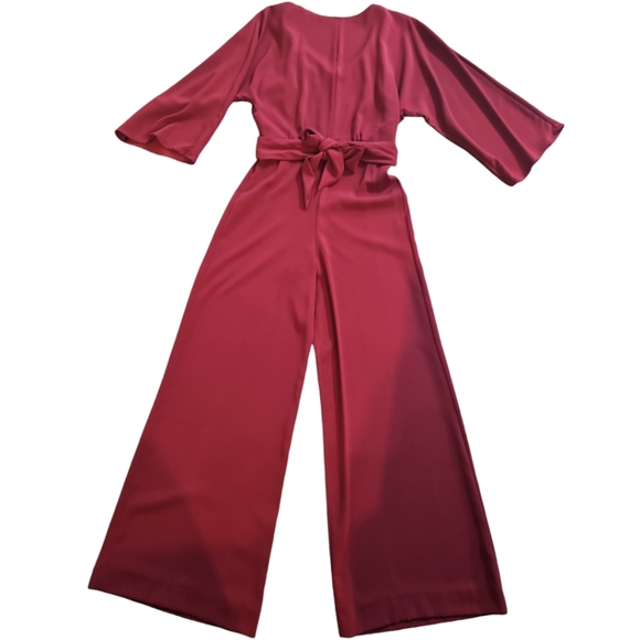 Gianni Bini Loose 3/4 Sleeve Belted Wide Leg Pant Busines Holiday Red Jumpsuit - Picture 4 of 11